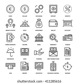 Abstract vector collection of line banking and money icons. Elements for mobile and web applications.