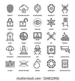 Abstract Vector Collection Of Line Security And Protection Icons. Elements For Mobile And Web Applications.