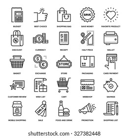 Abstract vector collection of line shopping and retail icons.