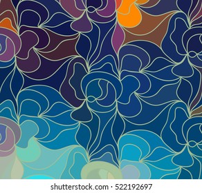 Abstract vector color background of doodle hand drawn lines. Colorful floral pattern. Wave blue wallpaper