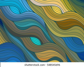 Abstract vector color background of doodle hand drawn lines. Colorful floral pattern. Wave wallpaper