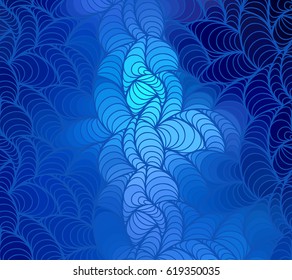 Abstract vector color background of doodle hand drawn lines. Blue floral pattern. Wave blue wallpaper