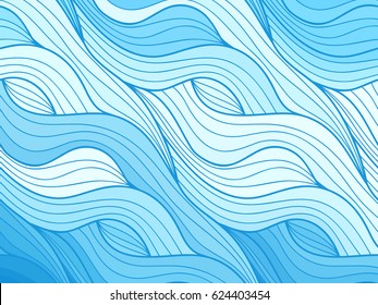 Abstract vector color background of doodle hand drawn lines. Blue floral pattern. Wave blue wallpaper