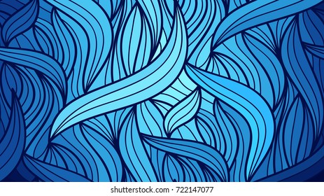 Abstract vector color background of doodle hand drawn lines. Blue floral pattern. Wave blue wallpaper