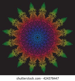 Abstract vector color design mandala, decorative element. Traditional oriental ornament on black background