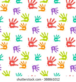 Abstract Vector Color Hand Prints Seamless Pattern On White Background. Happy Holi