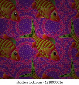 Abstract vector color image of repeating and alternating constituent elements. Decorative ornament with fishes in violet, magenta and red colors. Seamless pattern with fish. Vector illustration.