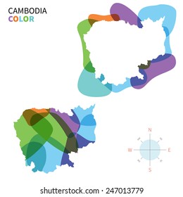 Abstract vector color map of Cambodia with transparent paint effect. For colorful presentation isolated on white.