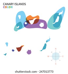 Abstract vector color map of Canary Islands with transparent paint effect. For colorful presentation isolated on white.