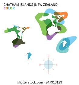 Abstract vector color map of Chatham Islands with transparent paint effect. For colorful presentation isolated on white.