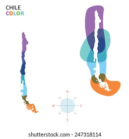 Abstract vector color map of Chile with transparent paint effect. For colorful presentation isolated on white.