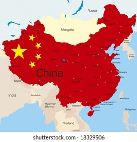 Abstract vector color map of China country coloured by national flag