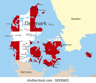 Abstract vector color map of Denmark country coloured by national flag