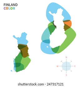 Abstract vector color map of Finland with transparent paint effect. For colorful presentation isolated on white.