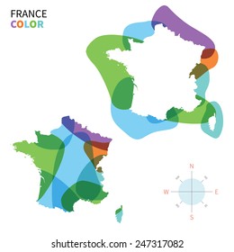 Abstract vector color map of France with transparent paint effect. For colorful presentation isolated on white.