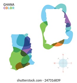 Abstract vector color map of Ghana with transparent paint effect. For colorful presentation isolated on white.