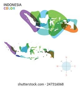 Abstract vector color map of Indonesia with transparent paint effect. For colorful presentation isolated on white.