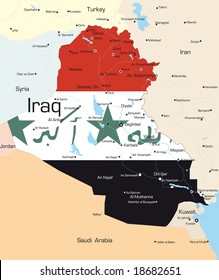 Mapa abstracto del color vectorial del país iraquí coloreado por bandera nacional