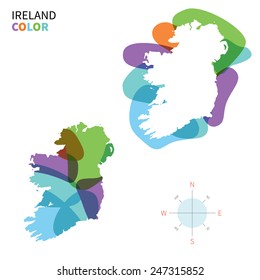 Abstract vector color map of Ireland with transparent paint effect. For colorful presentation isolated on white.
