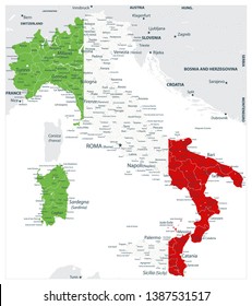 Abstract vector color map of Italy country coloured by national flag - Image contains layers with Italy map, land names, city names - Highly Detailed Vector Illustration of Italy Map.