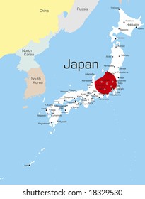 Abstract vector color map of Japan country coloured by national flag