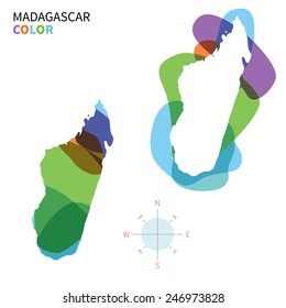 Abstract vector color map of Madagascar with transparent paint effect. For colorful presentation isolated on white.