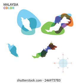 Abstract vector color map of Malaysia with transparent paint effect. For colorful presentation isolated on white.