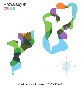 Abstract vector color map of Mozambique with transparent paint effect. For colorful presentation isolated on white.