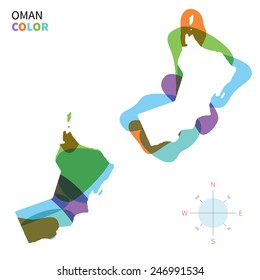 Abstract vector color map of Oman with transparent paint effect. For colorful presentation isolated on white.
