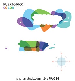 Abstract vector color map of Puerto Rico with transparent paint effect. For colorful presentation isolated on white.