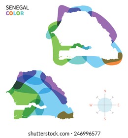 Abstract vector color map of Senegal with transparent paint effect. For colorful presentation isolated on white.