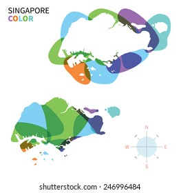 Abstract vector color map of Singapore with transparent paint effect. For colorful presentation isolated on white.