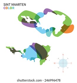 Abstract vector color map of Sint Maarten with transparent paint effect. For colorful presentation isolated on white.