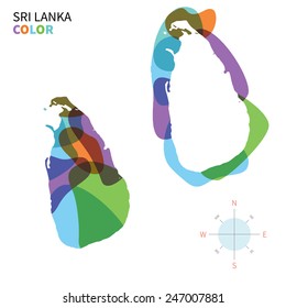 Abstract vector color map of Sri Lanka with transparent paint effect. For colorful presentation isolated on white.