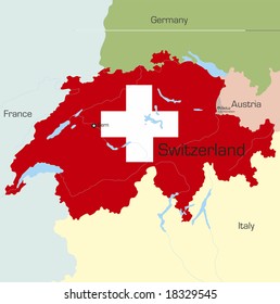 Abstract vector color map of Switzerland country coloured by national flag