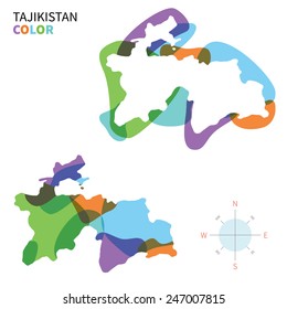 Abstract vector color map of Tajikistan with transparent paint effect. For colorful presentation isolated on white.