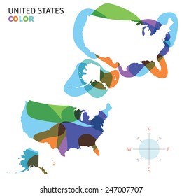 Abstract vector color map of United States with transparent paint effect. For colorful presentation isolated on white.