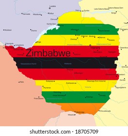 Mapa abstracto del color vectorial del país de Zimbabue coloreado por la bandera nacional