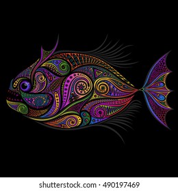 Abstract vector color piranha from patterns on a black background