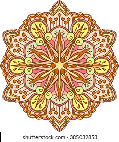 Abstract vector color round lace design - mandala, ethnic decorative element. Can be used as anti stress therapy.