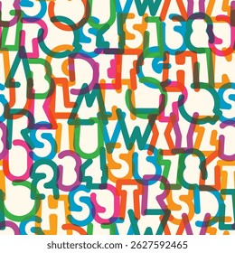 abstract vector color seamless pattern background with contours letters of simple, thick humorous geometric letterform font with holiday and party theme. Latin alphabet letters, numbers. Not used ai