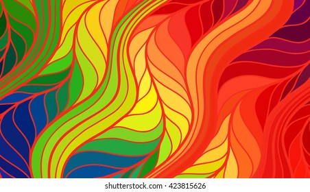 Abstract vector color wave background of doodle hand drawn lines. Colorful floral pattern.