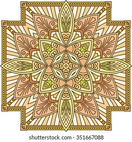Abstract vector colored square lace design in mono line style - mandala, ethnic decorative element. Can be used as anti stress therapy.