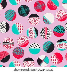 Abstract vector colorfu lgeometric seamless pattern  in memphis style.  Creative background for print, textile, wear, magazines, template, card, poster, flyer design, brochure. Bright colors.