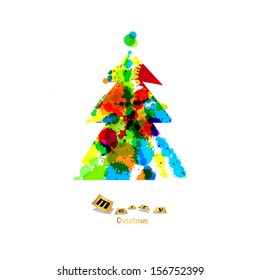 Abstract Vector Colorful Christmas Tree Made From Splashes, Blots