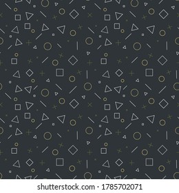 Abstract vector colorful circle and cross shapes seamless pattern with white geometric on black background.
