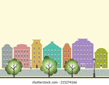 Abstract vector colorful city with green trees, street lights on a bright yellow background
