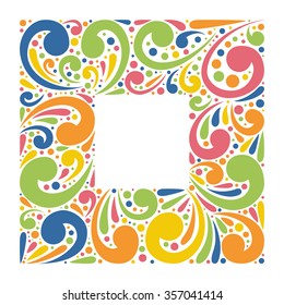Abstract vector colorful curly frame. Ornate floral border for background.