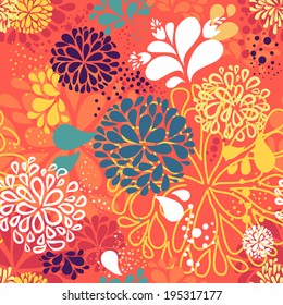 Abstract vector colorful doodles in shape of flowers made of drops. Seamless pattern Background with bunch. Decorative illustration for print, web 