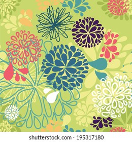 Abstract vector colorful doodles in shape of flowers made of drops. Seamless pattern Background with bunch. Decorative illustration for print, web 